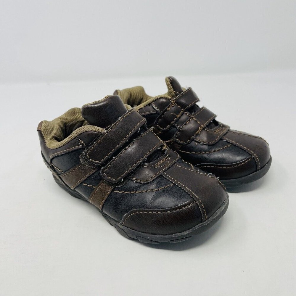 Smart‎ Fit Toddler Boys Size 6 Hook & Loop Faux Leather Casual Sneakers Brown S4